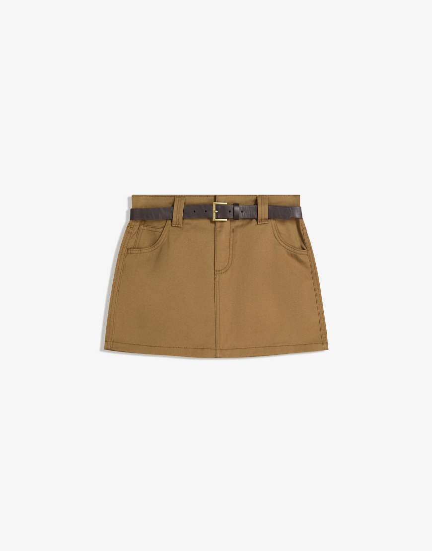Bershka - Minirock aus Baumwolle in Kamelbraun mit Gürtel-Neutral von Bershka