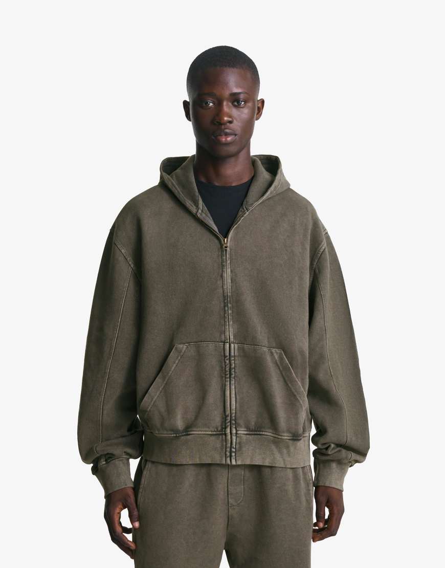 Bershka - Pikee-Sweatshirt in Schwarz und Weiß mit Reißverschluss und verwaschenem Effekt von Bershka