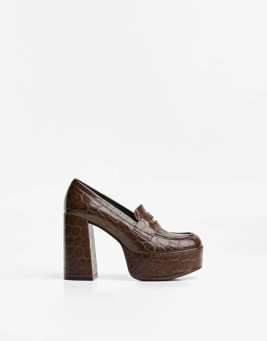 Bershka - Plateau-Loafer in Braun mit hohem Absatz-Brown von Bershka