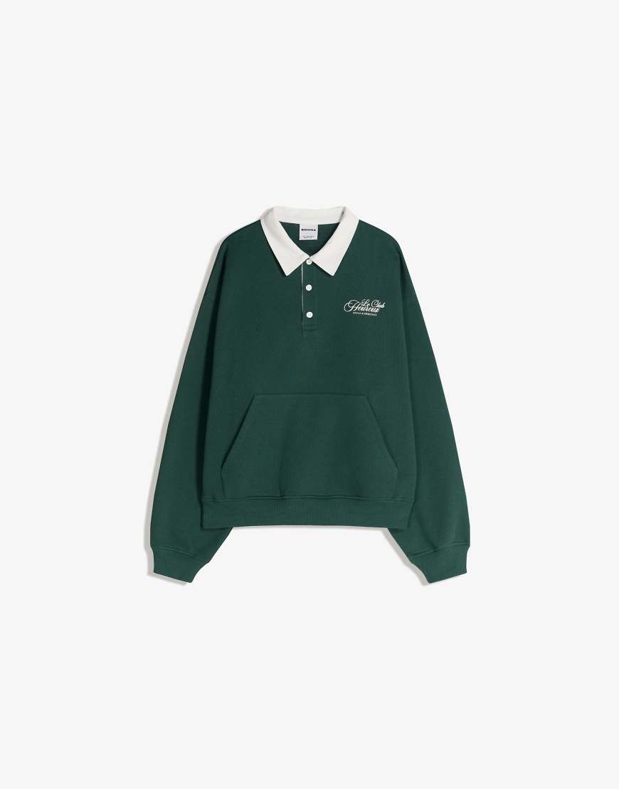 Bershka - Pullover in Grau mit Polokragen und Print-Grün von Bershka