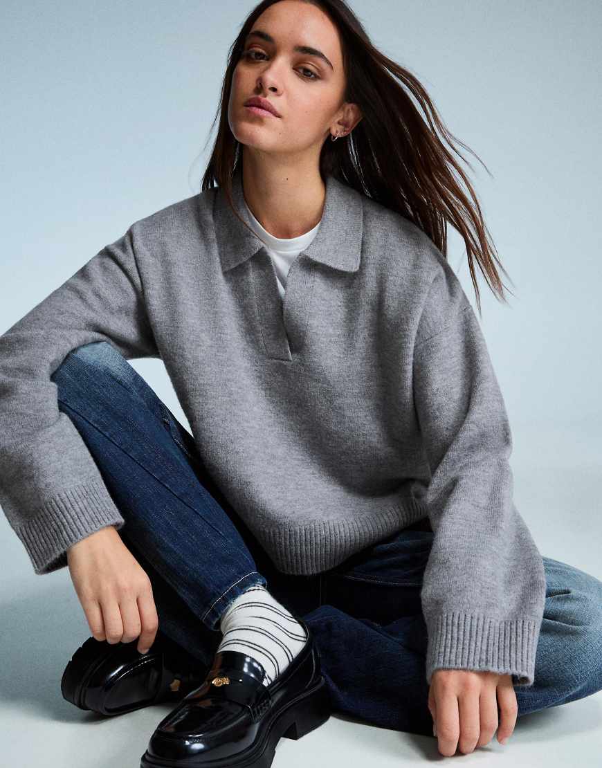 Bershka - Pullover in Grau mit Polokragen von Bershka