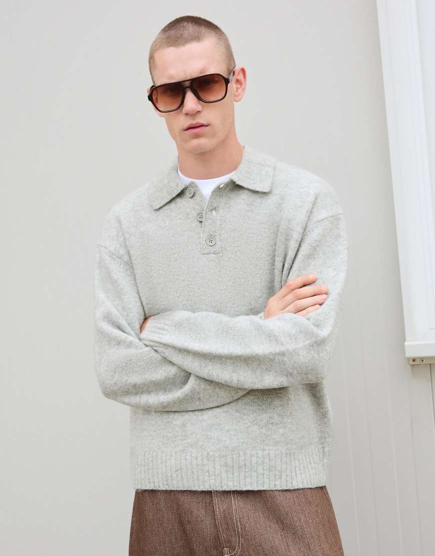 Bershka - Pullover in Hellgrau mit Polokragen von Bershka