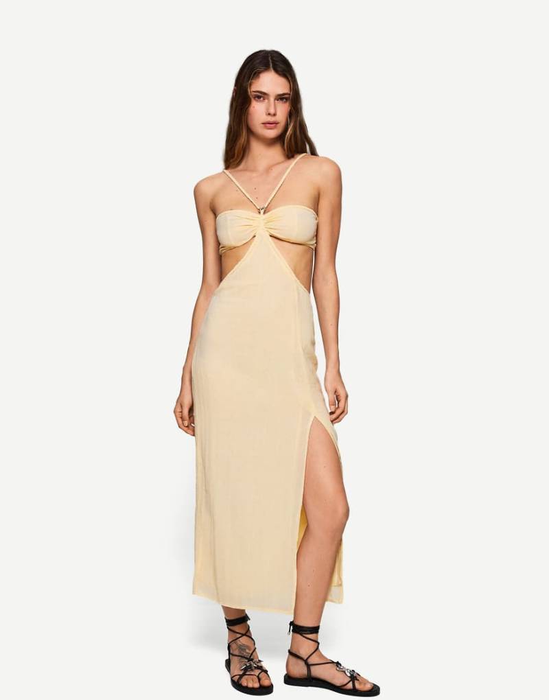 Bershka - Rustikales Midikleid in Weiß mit Cut-Out von Bershka