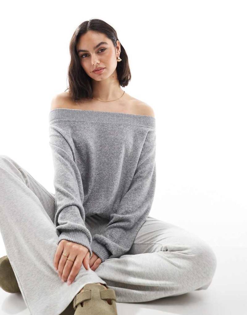 Bershka - Schulterfreies Strick-Oberteil in Grau meliert-Neutral von Bershka