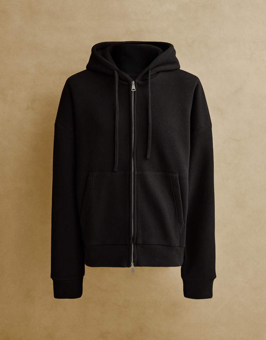 Bershka - Strick-Sweatshirt in Schwarz mit Reißverschluss und Waffelstruktur von Bershka