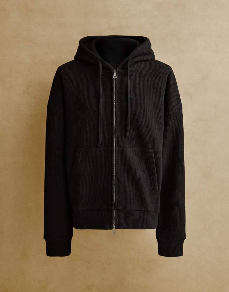 Bershka - Strick-Sweatshirt in Schwarz mit Reißverschluss und Waffelstruktur von Bershka