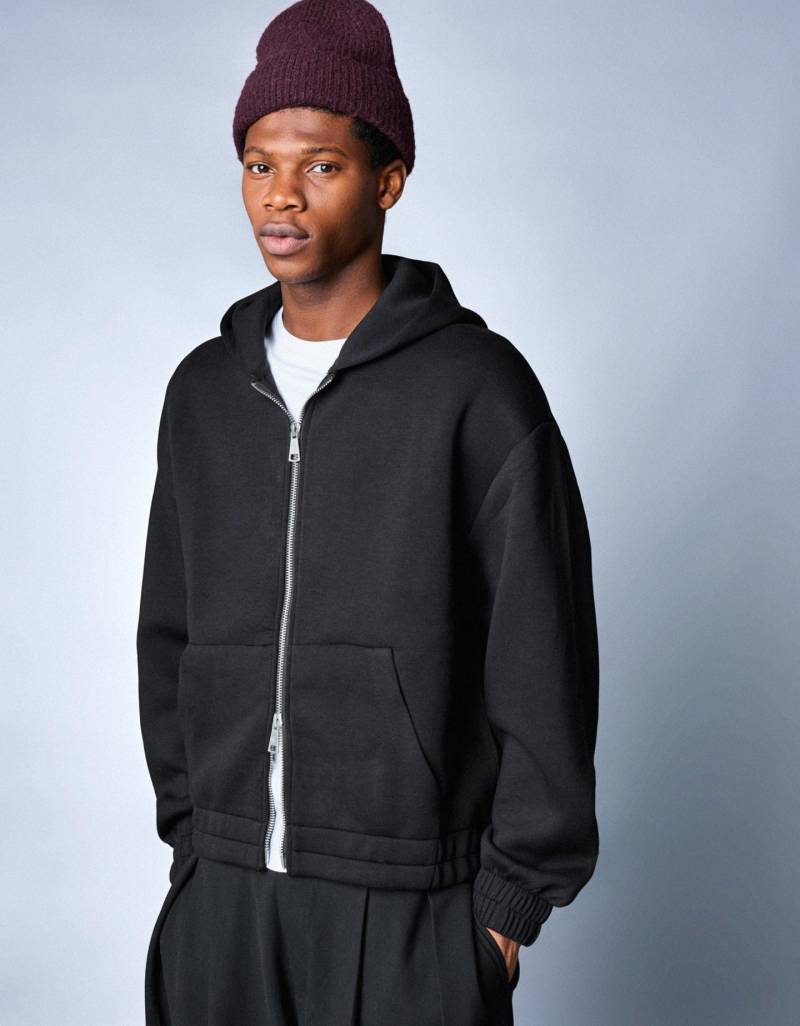 Bershka Sweatshirt Mit Reißverschluss, Kapuze Und Neopren-Effekt Herren M Schwarz von Bershka