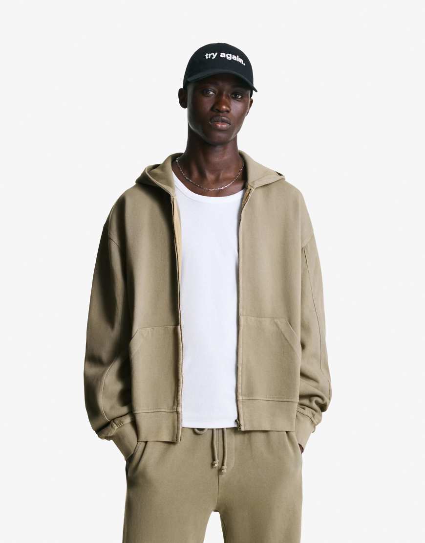 Bershka - Sweatshirt aus Pikee in Sandbeige mit verblasstem Effekt und Reißverschluss-Neutral von Bershka