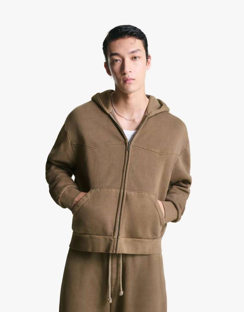 Bershka - Sweatshirt in Braun mit Reißverschluss und kastigem, kurzem Schnitt-Brown von Bershka