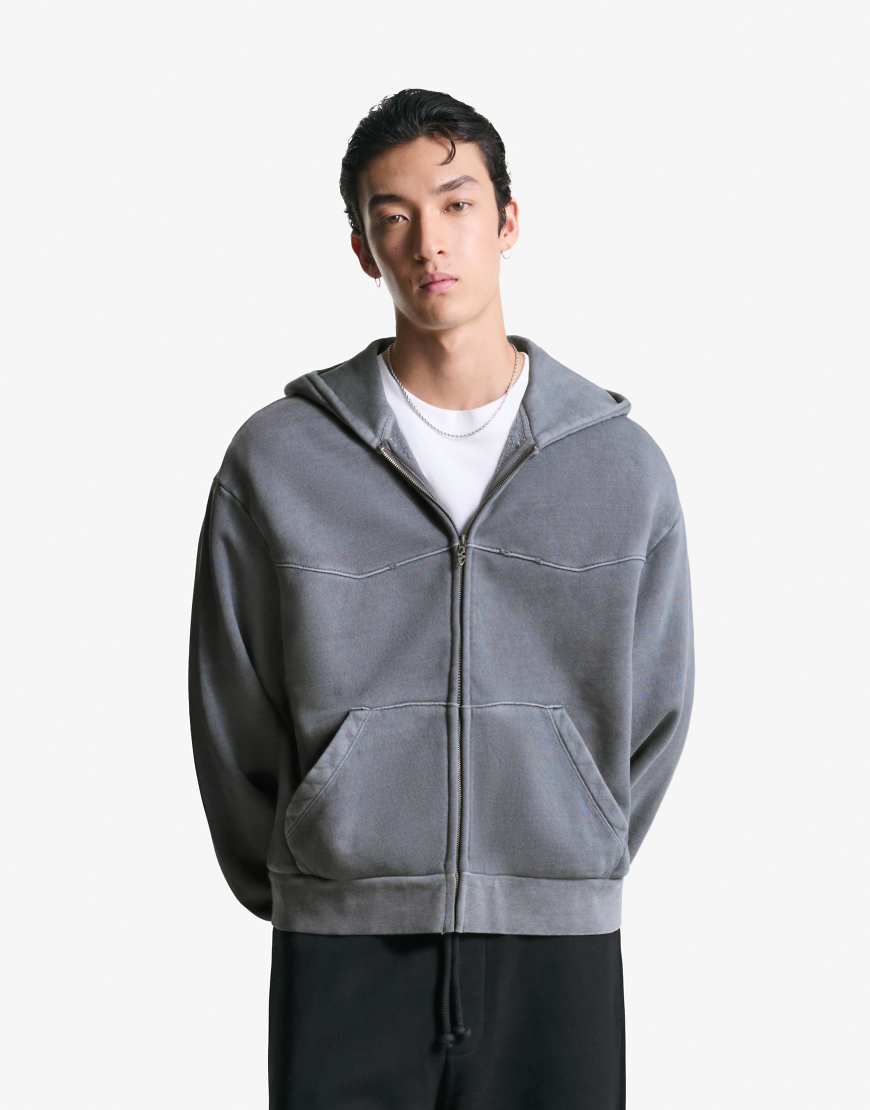 Bershka - Sweatshirt in Grau mit Reißverschluss und kastigem, kurzem Schnitt von Bershka