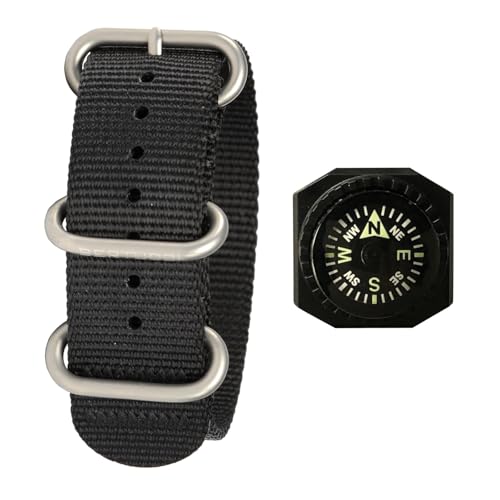 BERTUCCI® Nylon-Uhrenarmband, 22 mm, Schwarz + mit Flüssigkeit gefüllter Handgelenkkompass von Bertucci