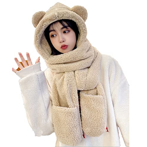 Berun 3 In 1 Mütze Damen Winter Set, Warme Mütze Schal Handschuhe Set mit Fleecefutter, Dicke Plüsch Hut Set für Damen Mädchen von Berun