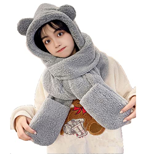 Berun 3 In 1 Mütze Damen Winter Set, Warme Mütze Schal Handschuhe Set mit Fleecefutter, Dicke Plüsch Hut Set für Damen Mädchen, Grau von Berun