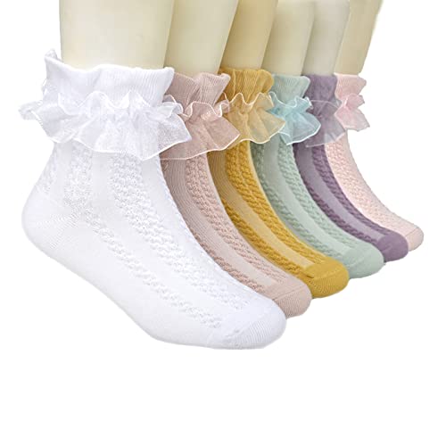 Berun 6 Paar Rüschen Socken Kinder Söckchen Weiß Baumwoll Socken mit Spitze Prinzessin Socken für Baby Mädchen 1-15 Jahre von Berun