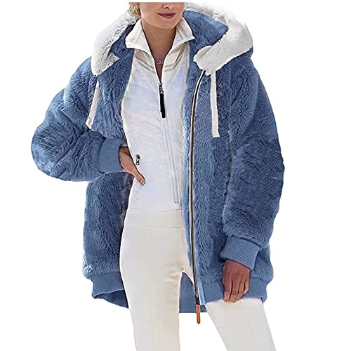 Berun Zip Up Hoodie Damen Fleecejacke mit Kapuze Plüschjacke Warm Flauschjacke Große Größen Teddy Fleece Mantel Winter Kapuzenpullover, Einfarbig-Blau von Berun