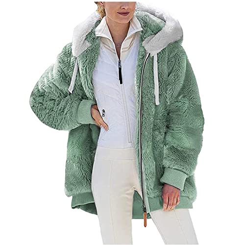 Berun Zip Up Hoodie Damen Fleecejacke mit Kapuze Plüschjacke Warm Flauschjacke Große Größen Teddy Fleece Mantel Winter Kapuzenpullover, Einfarbig-Grün, XXL von Berun