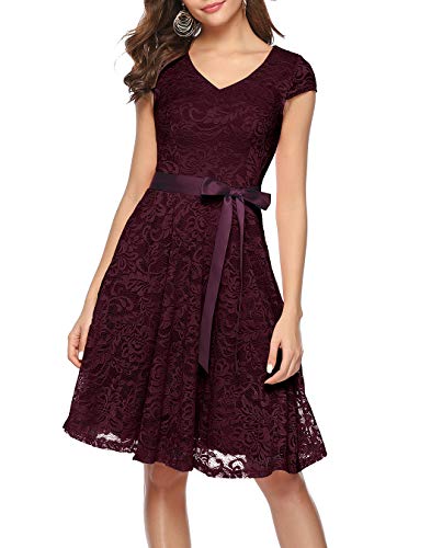 Berylove Damen V-Ausschnitt Kurz Brautjungfer Kleid Cocktail Party Floral Kleid BLP7006BurgundyM von Berylove