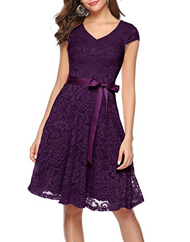 Berylove Damen V-Ausschnitt Kurz Brautjungfer Kleid Cocktail Party Floral Kleid BLP7006GrapeS von Berylove