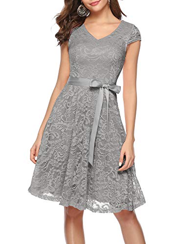 Berylove Damen V-Ausschnitt Kurz Brautjungfer Kleid Cocktail Party Floral Kleid BLP7006GreyS von Berylove