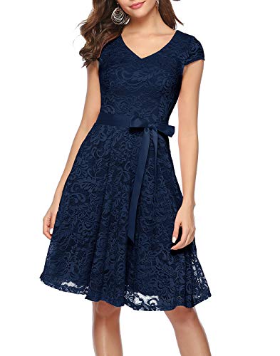 Berylove Damen V-Ausschnitt Kurz Brautjungfer Kleid Cocktail Party Floral Kleid BLP7006NavyS von Berylove