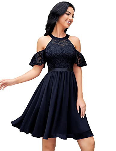 Berylove Abendkleid Kurz Neckholder Cocktailkleid Damen Elegant Jugendweihe Kleider Spitzenkleid Damen Chiffonkleid Damen BLP7061 Navy XL von Berylove