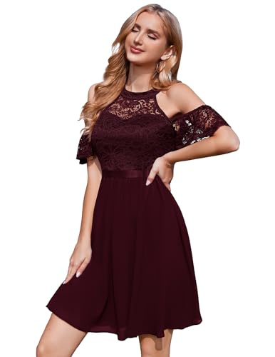 Berylove Spitzenkleid Damen Rotes Cocktailkleid Ballkleider Rot Kurz Brautkleider Hochzeitskleider Konfirmationskleider BLP7061 Burgundy 2XL von Berylove