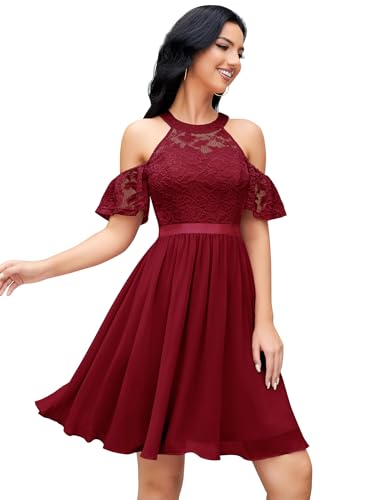 Berylove Rotes Cocktailkleid Ballkleid Dunkelrot Abschlusskleid Spitzenkleid Damen Cocktailkleider Jugendweihe Kleid Kurz BLP7061 DarkRed 2XL von Berylove