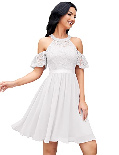 Berylove Weißes Kleid Festliche Kleider Für Damen Cocktailkleid Damen Kleid Hochzeitsgast Damen Spitzenkleid Chiffon Kleid Knielang Ballkleid Kurz BLP7061 White S von Berylove