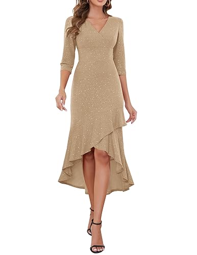 Berylove Abendkleid Lang Elegant Kleid Glitzer Kleid Winter Damen Langarm Kleider für Hochzeitsgäste Damen Weihnachtskleid 7065 Champagne M von Berylove