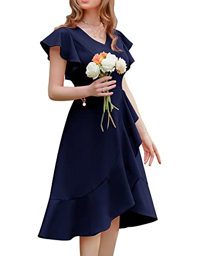 Berylove Abendkleid Lang Elegant Rockabilly Kleider Damen Swing Cocktailkleid Asymmetrisches Kleid Abiballkleid 7059 Navy 2XL von Berylove