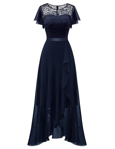 Berylove Abendkleid Lang Elegant für Hochzeit Kleid Vorne Kurz Hinten Lang Damen Kleid Festlich Elastische Taille BLP7051 Navy 2XL von Berylove