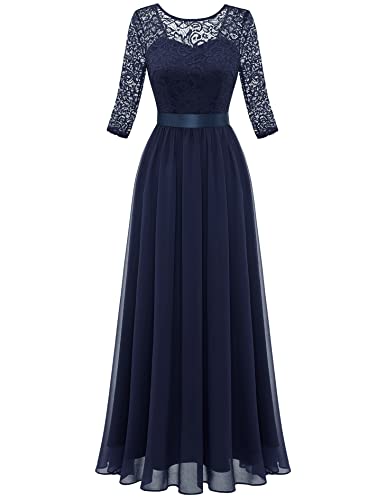 Berylove Abendkleid Lang Mit 3/4 Ärmeln Festliches Kleid Damen Kleid Damen Hochzeitskleid Lang Langes Kleid Damen Elegant für HochzeitBLP7049 Navy XS von Berylove