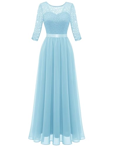 Berylove Abendkleid Lang mit 3/4 Ärmeln Festliches Kleid Damen Kleid Damen Hochzeitskleid Lang Langes Kleid Damen Elegant für Hochzeit BLP7049 Lightblue L von Berylove