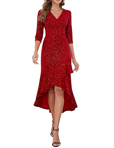 Berylove Abendkleider Elegant Für Hochzeit Maxikleid Damen Glitzer Kleider Für Damen Rot Kleid Mit Ärmel Ballkleider Damen Lang Damenkleider Festlich BLP7065 Red L von Berylove