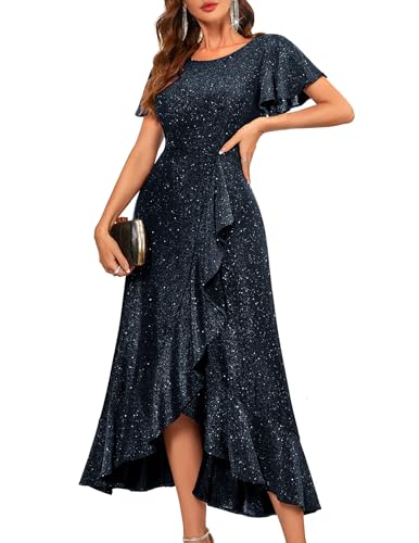 Berylove Abendkleid Mit Glitzer Kleid Festlich Damen Kleid Abendkleider Elegant für Hochzeit Lang Glitzer Kleid Partykleider S007 Darkblue M von Berylove