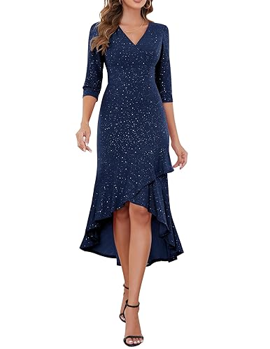 Berylove Abendkleid mit Glitzer Kleider Langarm Bodycon Fischschwanzkleid Winter Cocktailkleid Rüschenkleid V Ausschnitt 7065 Navy L von Berylove