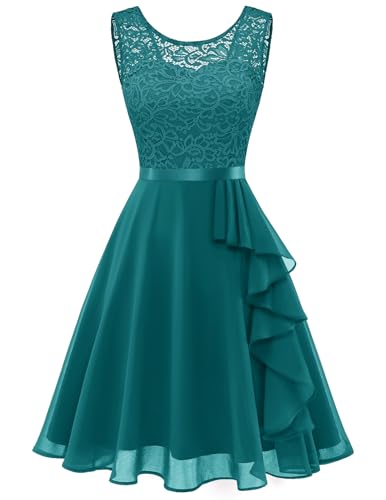Berylove Abendkleider Elegant für Hochzeit Festliche Kleider für Damen Kleid mit Rüschensaum Chiffonkleid Damen Kleid Elegant Kleid Hochzeitsgast Damen Tüll Kleid 7052 PeacockGreen XL von Berylove