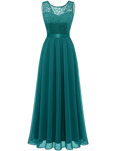 Berylove Abendkleider Lang Kleid Standesamt Damen Kleider Elegant Cocktailkleid Spitze 7025 Peacock Green L von Berylove