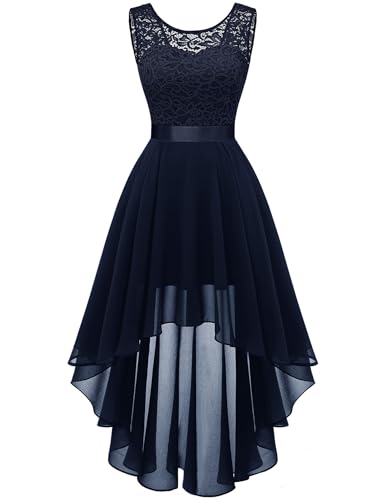 Berylove Brautjungfer Kleid Hochzeit Spitzenkleid Elegant Vokuhila Cocktailkleid Ärmellos Abendkleid Chiffon Marineblau BLP7035 Navy L von Berylove