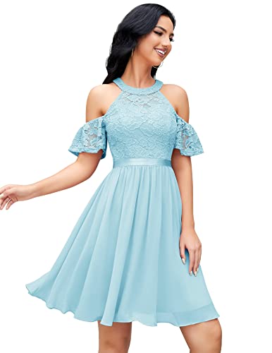 Berylove Kleid Für Hochzeitsgäste Kleider Für Mädchen Jugendweihe Kleider Abendkleider Hellblau Kleider Damen Sommer Abschlusskleider Ballkleid Spitzenkleid BLP7061 Light Blue M von Berylove