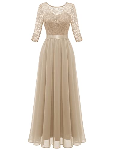 Berylove Cocktailkleid Damen Lang Festliche Kleider für Damen Hochzeit Kleid Festlich Damen Hochzeitsgast Langarm Ballkleid Lang BLP7049 Champagne 2XL von Berylove