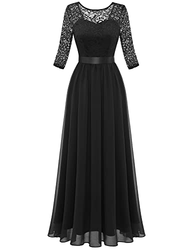 Berylove Cocktailkleid Damen Langarm Kleid Festlich 3/4 Ärmel Kleid Damen Kleid Schwarzes Langes Kleid Damen Elegant BLP7049 Black L von Berylove