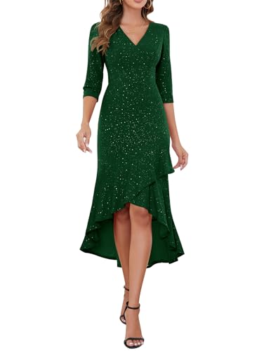 Berylove Cocktailkleid Damen Langarm Kleid Glitzer Abendkleid Langarm Ballkleider Lang mit Ärmeln Winter Vokuhila 7065 DarkGreen 2XL von Berylove