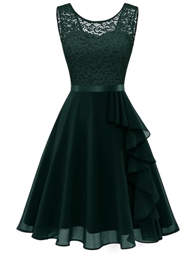 Berylove Kleid Damen Sommer Spitzenkleid Damen Cocktailkleid Damen Rüschen Festliche Kleider für Damen Hochzeitsgast Kleid Damen Chiffonkleid 7052 DarkGreen L von Berylove