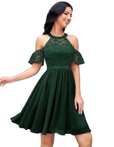 Berylove Cocktailkleid Damen Kurz Spitzenkleid Damen Elegant Neckholder Kleid Schickes Kleid Damen Swing Trauzeugin Kleid BLP7061 DarkGreen M von Berylove