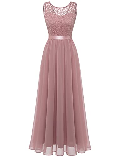 Berylove Damen Abendkleid Elegant Cocktailkleid Lang Brautjunferkleid Chiffon Spitzen Kleid Hochzeit Party BLP7025 Blush 3XL von Berylove