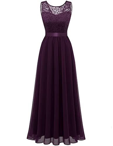 Berylove Damen Abendkleid Elegant Cocktailkleid Lang Brautjunferkleid Chiffon Spitzen Kleid Hochzeit Party BLP7025 Grape 3XL von Berylove