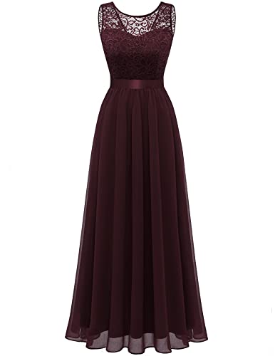 Berylove Damen Abendkleid Elegant Cocktailkleid Lang Brautjunferkleid Chiffon Spitzen Kleid Hochzeit Party Burgund BLP7025 Burgundy 2XL von Berylove