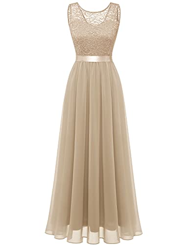 Berylove Damen Abendkleid Elegant Cocktailkleid Lang Brautjunferkleid Chiffon Spitzen Kleid Hochzeit Party Champagner BLP7025 Champagne L von Berylove