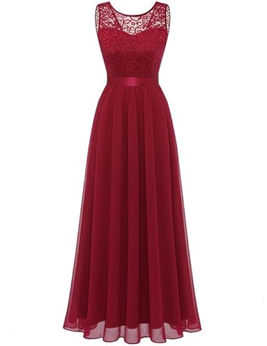 Berylove Damen Abendkleid Elegant Cocktailkleid Lang Brautjunferkleid Chiffon Spitzen Kleid Hochzeit Party Dunkelrot BLP7025 DarkRed L von Berylove